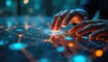 Man uses touch interface with glowing digital network. Futuristic tech and data analysis in abstract cyberspace. Person interacts Royalty Free Stock Photo