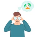 Man using binoculars, dreaming of tropical island, Royalty Free Stock Photo