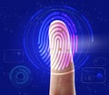 Man using biometric fingerprint scanner on blue background, closeup Royalty Free Stock Photo