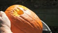 Man using carving tool on Halloween pumpkin