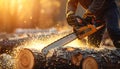 Man using a chainsaw to cut logs in a forest during golden hour with sparks flying (554 Royalty Free Stock Photo