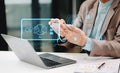 Man using chatbot in computer and tablet smart intelligence Ai.Chat with AI Artificial Intelligence, developed by OpenAI generate Royalty Free Stock Photo