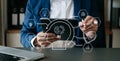 Man using chatbot in computer and tablet smart intelligence Ai.Chat with AI Artificial Intelligence, developed by OpenAI generate Royalty Free Stock Photo