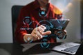 Man using chatbot in computer and tablet smart intelligence Ai.Chat GPT Chat with AI Artificial Intelligence, developed by OpenAI Royalty Free Stock Photo