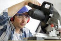 man using circular saw Royalty Free Stock Photo