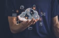 Man using cloud technology system with business information networking Royalty Free Stock Photo