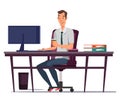 Man using computer and drinking coffee illustration. Office worker sitting at desk vector clipart. Businessman during