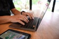 Man using a computer to work Laptop, Computer Desktop PC Human Hand on Office