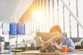 Man using digital tablet while waiting for his flight in airport Royalty Free Stock Photo