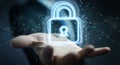 Man using digital web protection blue holographic interface 3D rendering Royalty Free Stock Photo