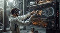 Man using futuristic virtual reality headset in high-tech laboratory with interactive digital map display on large screen