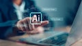 Man using hand AI, Artificial Intelligence to generate content. Text to image, smart AI, by entering command prompt for generates Royalty Free Stock Photo