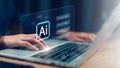 Man using hand AI, Artificial Intelligence to generate content. Text to image, smart AI, by entering command prompt for generates Royalty Free Stock Photo