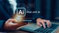Man using hand AI, Artificial Intelligence to generate content. Text to image, smart AI, by entering command prompt for generates Royalty Free Stock Photo
