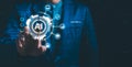 Man using hand AI, Artificial Intelligence to generate content. Text to image, speech, smart AI, by enter command prompt for Royalty Free Stock Photo