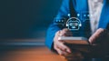 Man using hand AI, Artificial Intelligence to generate content. Text to image, speech, smart AI, by enter command prompt for Royalty Free Stock Photo