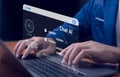 Man using hand AI, Artificial Intelligence to generate content. Text to image, speech, smart AI, by enter command prompt for Royalty Free Stock Photo