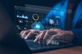 Man using hand AI, Artificial Intelligence to generate content. Text to image, speech, smart AI, by enter command prompt for Royalty Free Stock Photo