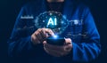 Man using hand AI, Artificial Intelligence to generate content. Text to image, speech, smart AI, by enter command prompt for Royalty Free Stock Photo