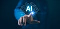 Man using hand AI, Artificial Intelligence to generate content. Text to image, speech, smart AI, by enter command prompt for Royalty Free Stock Photo