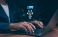 Man using hand AI, Artificial Intelligence to generate content. Text to image, speech, smart AI, by enter command prompt for Royalty Free Stock Photo