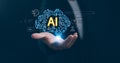 Man using hand AI, Artificial Intelligence to generate content. Text to image, speech, smart AI, by enter command prompt for Royalty Free Stock Photo