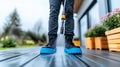 Man using high pressure washer on outdoor deck with black work boots Royalty Free Stock Photo