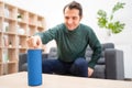 Man using home assistant bluetooth speaker Royalty Free Stock Photo