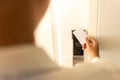 Man using keycard contactless for unlock door in hotel. Royalty Free Stock Photo