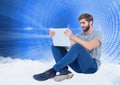 Man using laptop against digitally generated background Royalty Free Stock Photo