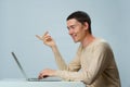 Man is using laptop for communication in chat or video chat. Social media concept. Royalty Free Stock Photo