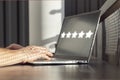 Man using laptop for giving positive feedback. Five star rating of service quality, application, film. Excellent