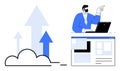 Businessman Reviewing Data on Laptop with Cloud Arrows Rising as a Symbol of Growth and Progress Royalty Free Stock Photo