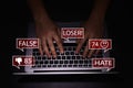 Man using laptop and icons with offensive messages, closeup. Cyber bulling concept Royalty Free Stock Photo