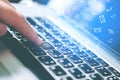 Man using laptop online icon social networking connection on sc Royalty Free Stock Photo
