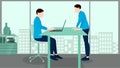 Man using laptop and other man is standing near the table, business concept vector character illustration on flat building Royalty Free Stock Photo