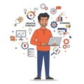 A man is using a laptop, standing amidst various digital icons representing technology