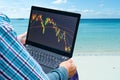 A man using a laptop with the stock sitting by the sea with the blue sky background. Freelance work concept. Technology Royalty Free Stock Photo