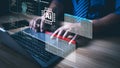 Man using laptop with technology AI to help and support work for chatbot, chat ai, generate image, write code