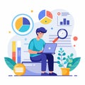 Man Using Laptop on Toilet, Working on a laptop, looking for ideas to analyze data, trending, Simple and minimalist flat Vector Royalty Free Stock Photo