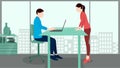 Man using laptop and woman is standing near the table, business concept vector character illustration on flat building background Royalty Free Stock Photo