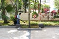 Man using leaf-blowing machine