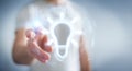 Man using lightbulb neon digital interface 3D rendering