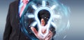 Man using lightbulb neon digital interface 3D rendering