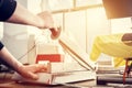 Man using manual paper cutter. Manufacture Royalty Free Stock Photo