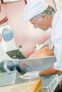 Man using meat slicing machine Royalty Free Stock Photo