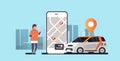 Man using mobile app ordering automobile vehicle with location mark rent car sharing concept transportation carsharing Royalty Free Stock Photo