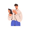 Man using mobile phone, clicking on smartphone with finger. Person holding cellphone. Employee with cellular, telephone