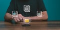 Man using mobile smartphone. Document management system DMS, online documentation database and process. Royalty Free Stock Photo