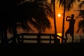 Man using a phone to take pictures of the morning sunrise on a coconut beach Royalty Free Stock Photo